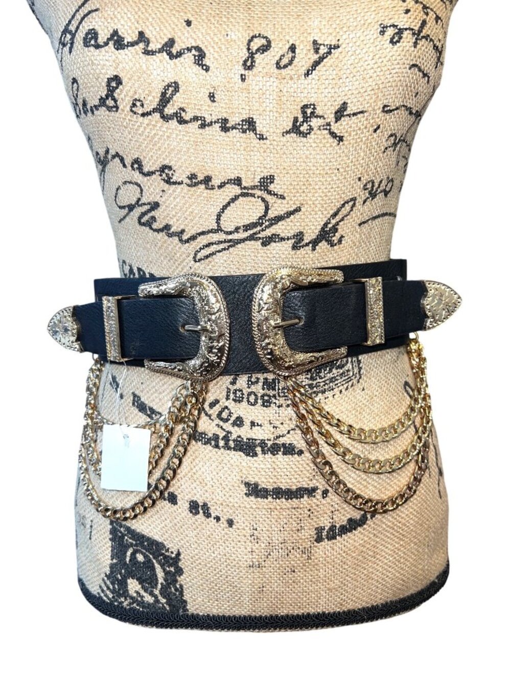 Western Inspired Black Elastic Chain Belt wGold-Tone Buckles & Chains Stretch - Picture 3 of 11